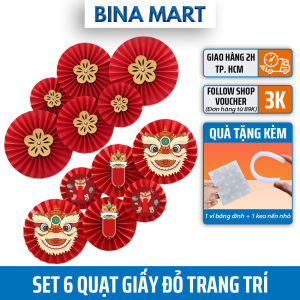Set 6 Quạt giấy đỏ party fan trang trí tết lễ hội đám cưới bộ 6 quạt giấy treo tường cao cấp set trang trí tết nguyên đán - BINA MART