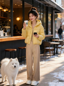 Shalldoer | Winter Fashion Two-piece Set Hooded Short Puffer Coat High Waist Wide Leg Pants