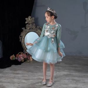 Summer Green White Baby Princess Flower Embroidery Floral Masquerade Red Carpet Dress Girls Kid Child Fluffy Tulle Applique Wedding Party Dress for 3 4 5 6 7 8 9 10 11 12 years old