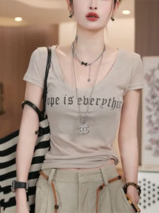 Shalldoer | Retro Hong Kong Style Round Neck Letter Print Short Sleeve T-Shirt Womens Slim Fit Summer Casual Wear Comfortable Top