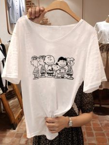 Loose Fit Bamboo Cotton Short Sleeve T-Shirt Womens V-neck White Snoopy Cartoon Top Slimming Effect Spring Autumn New Style