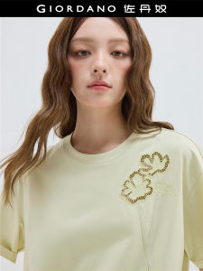 Designer Giordano Embroidered Hollow out Strap T-Shirt Women Loose round Neck Short Sleeve Cotton Polyester Blend Summer Top