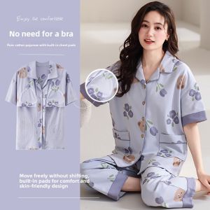 miiow | Pure Cotton Cat Person Sleepwear Womens Summer Short Sleeve Set With Chest Pad Large Size Can Wear Outdoor Home Clothes