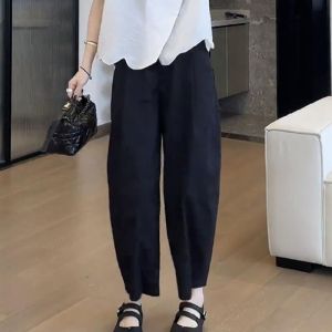 Loose Wide Leg Casual Pants Women Summer New Style Pure Color Elegant Short Size Nine Point Knife Edge Pants Korean Version