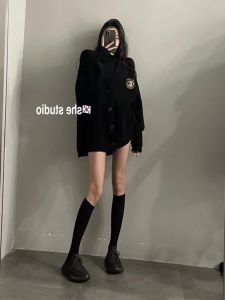 Winter 2024 Womens Fashion Knitted Embroidered Badge Open Cardigan Loose T-Shirt Set Korean Style Versatile Casual Outfit