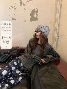 Long Sleeve Retro Dot Stripe Mixed T-shirt