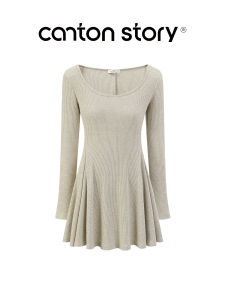 Cantonstory | Đầm Knit A-line Tay Dài Phong Cách Mùa Xuân