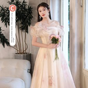 French Maid of Honor Dress Elegant Sister Group Evening Gown Slimming A-Line Skirt Short Sleeve Long Dress for Various Occasions