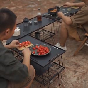 Iron Steel Mesh Camping Rack Table Foldable Portable Stacking Storage Rack Bamboo Wood Top Picnic Outdoor