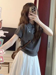 K-style Polo Collar Short Sleeve Knitting Tops Women 2024 Summer New Arrival Casual Easiest for Match Pony Embroidered Knitwear Women