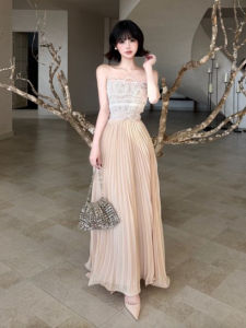 CHANGTONG | Lace Strapless Patchwork Slim Fit Waist Cinched Long Dress