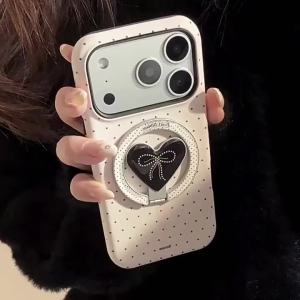 Potdemiel | Ốp Điện Thoại Có Giá Đỡ Nam Châm Hình Trái Tim Chấm Bi Hàn Quốc Cho iPhone Vỏ Cứng Chống Sốc Với Thiết Kế Gấp Hình Trái Tim Tương Thích Với Nhiều Mẫu Máy
