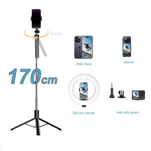 Gậy Selfie chụp ảnh 3 chân 1m7 có tay cầm chống rung xoay 360 độ tích hợp remote bluetooth thông minh - Tripod điện thoại máy ảnh quay video live stream xêp gọn