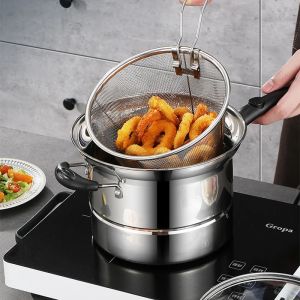 Homozy Deep Fryer Pan Deep Fryer Cooking Pot Portable Soup Pot Cooking Tool Frying Basket with Filter Basket for Restaurant Home