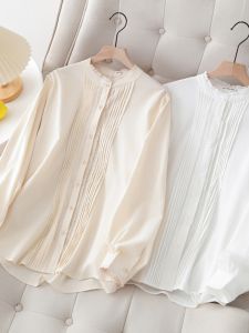 French Style Lace Stand Collar White Shirt Plus Size 2024 Spring & Fall New Design Sense Niche Style Organ Pleats Elegant Tops