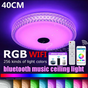 Angelila 15inch 72W Music Smart Ceiling Light with Bluetooth Speaker and Remote Control Color Changeable Modern LED Down Ceiling Light with Crystal Border for Living Room Bedroom Kids Room