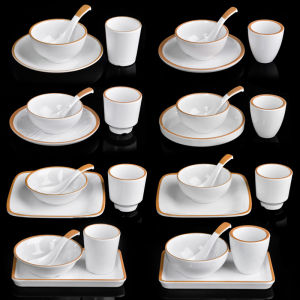 Hotel Commercial Melamine Dinnerware Set Four Pieces for Hot Pot Restaurant Display Durable Imitation Porcelain Bowl Plate Cup Spoon Set