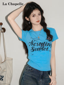 La Chapelle | American Letter Printed Round Neck Short Sleeve T-Shirt Blue