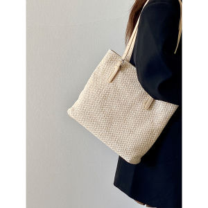 Large Capacity Straw Woven Summer Tote Bag Womens Handbag Vacation Casual Carryall Shoulder Bag Korean Style Belt Decoration