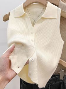Polo Collar Thin Knitted Vest Women Summer Outerwear Chic Sweet Slim Fit Shoulder Open Sleeveless Mini Top Commute Style