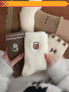 Japanese australian velvet womens thick embroidered cute bear middle socks warm sleep socks