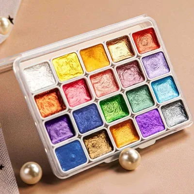 ชุดสีน้ำโลหะ 20 สี กล่องพกพาพร้อมสีน้ำมุกเงา และอุปกรณ์ศิลปะ สีน้ำ