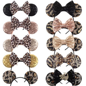 Disney Mickey Mouse Ears Leopard Print Headbands for Girls Baby Women Sequins 5"Bows Hair Accessories Adults Hairbands Kids Gift