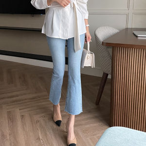 High Waist Thin Denim Jeans Women Summer Elastic Slim Fit Nine Points Micro Flared Jeans Cotton Stretch Fabric Vintage Style