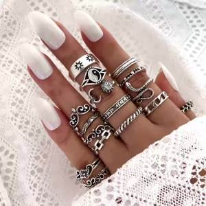 16pcs/lot New Vintage Women Finger Rings for Party Fashion Flower Snake Carved Star Jewelry Chain Design Joint Ring Girl Gifts