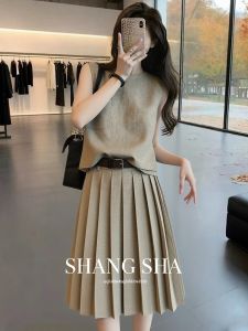 SHANGSHA | Elegant Dignified Short Womens Pleated Dress Set