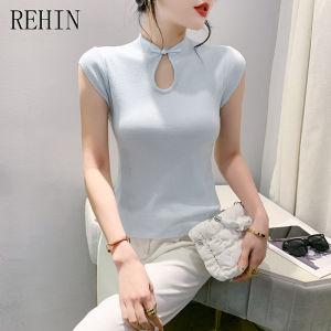 REHIN Plate buckle beaded short-sleeved T-shirt summer niche Elegant Slim knitwear womens top