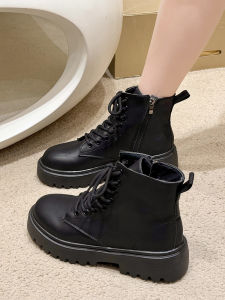 Black Fleece Lined Martin Boots Womens Side Zipper Motorcycle Boots Thick Bottom Autumn Winter Short Boots Versatile British Style