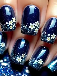 Short Medium Square fake nails for women girls dark blue colors with flowers for Spring summer full cover acrylic press on nails