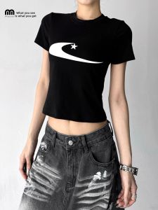 MUYUZI | Stylish Tight Fitted Black Short Sleeve T-Shirt Printed
