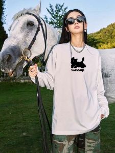 Wassup Rouch Cute Puppy Printed round Neck Long Sleeves T-shirt Men and Women Couple Autumn Cotton Easiest for Match Tops