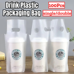 100pcs Plastic Packaging Bag White Transparent Packaging Coffee Tote Bag Single Double Cup Milk Tea Beverage Bags