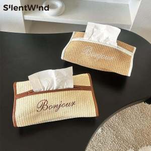 SilentWind Bonjour Handwoven Straw Leather Tissue Cover Contrast Color Country Style Rectangular Home Table Napkin Bag