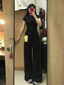 Quần Ống Rộng Cạp Cao Màu Đen Dài Thường Ngày Cho Nữ Mùa Hè 2024 Quần Dài Ống Rộng Cạp Cao Ôm Sát Cơ Thể