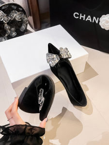 French Pointed Toe Flat Bottom Single Shoes Womens New 2025 Spring Autumn Shallow Mouth Diamond Black Butterfly Knot Personality