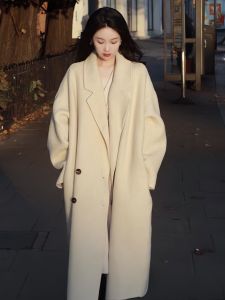 Oatmeal Color Reversible Cashmere Coat Women Mid Length Long Length Fall and Winter New Arrival Loose Fancy Korean Style Woolen Coat Women