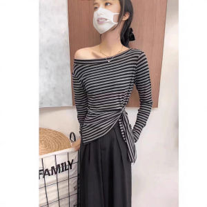 Early Autumn 2025 Korean Style Long Sleeve T-Shirt Waist Cinching Asymmetrical Hemline Slimming Versatile Shoulder Baring Top
