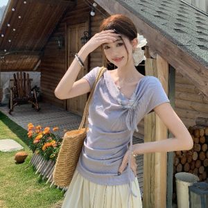 GUZILIAN | French Purple Butterfly Short Sleeve T-Shirt Womens Summer Design Slimming Waist Insecurite Top Korean Style Loose Fit Pure E-commerce