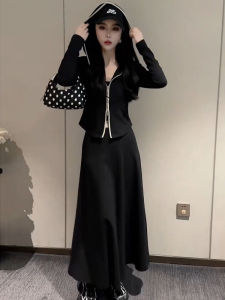 Casual Skirt Set Spring Autumn High Waist Slim Fit Long Sleeve Hooded Cardigan Two Piece Set Womens Fashion Cotton Blend Zipper Closure