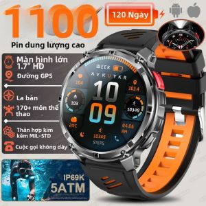 GUHUAVMI | Đồng Hồ Thông Minh Quân Sự Mới 2026 Với Màn Hình AMOLED 1.7 Inch Pin 1100mAh GPS Theo Dõi Đạp Xe Bơi Lội La Bàn Ngoài Trời Chống Nước 5ATM Dây Đeo Silicon