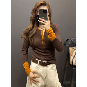 Fashionable Color Block Design Long Sleeve T-Shirt Womens Base Shirt Top for Autumn Season 2024 Trendy Base Layer Top