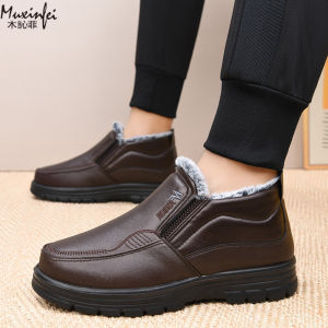 2025 Winter New Leather Boots Waterproof Anti Slip Snow Boots Mens Cotton Shoes Warmth Thickened Cotton Short Boots