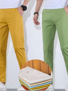 New 2025 Mens Slim Fit Casual Pants Thin Cotton Elastic Yellow Summer Fashionable Nine Points Trousers Breathable Comfortable