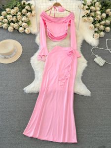 Fashion Suit Womens Long Sleeve off-Shoulder Shoulder-Baring Slim-Fit Crop-Top Two-piece Set High Waist Slit Sheath Skirt