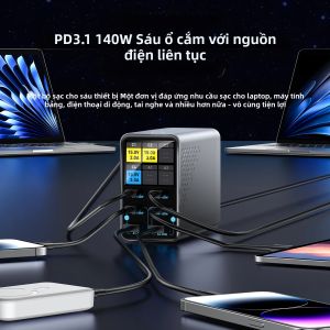 Ilepo | Sạc Để Bàn GaN 140W 6 Cổng PD3.1 QC Sạc Nhanh Với Màn Hình Kỹ Thuật Số Thông Minh Dành Cho Laptop iPhone Samsung - Cổng USB & Type C