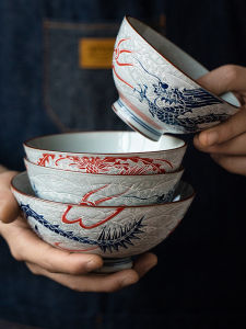 Mino Yaki | Bát Cơm Gốm Nổi Hình Rồng Phượng